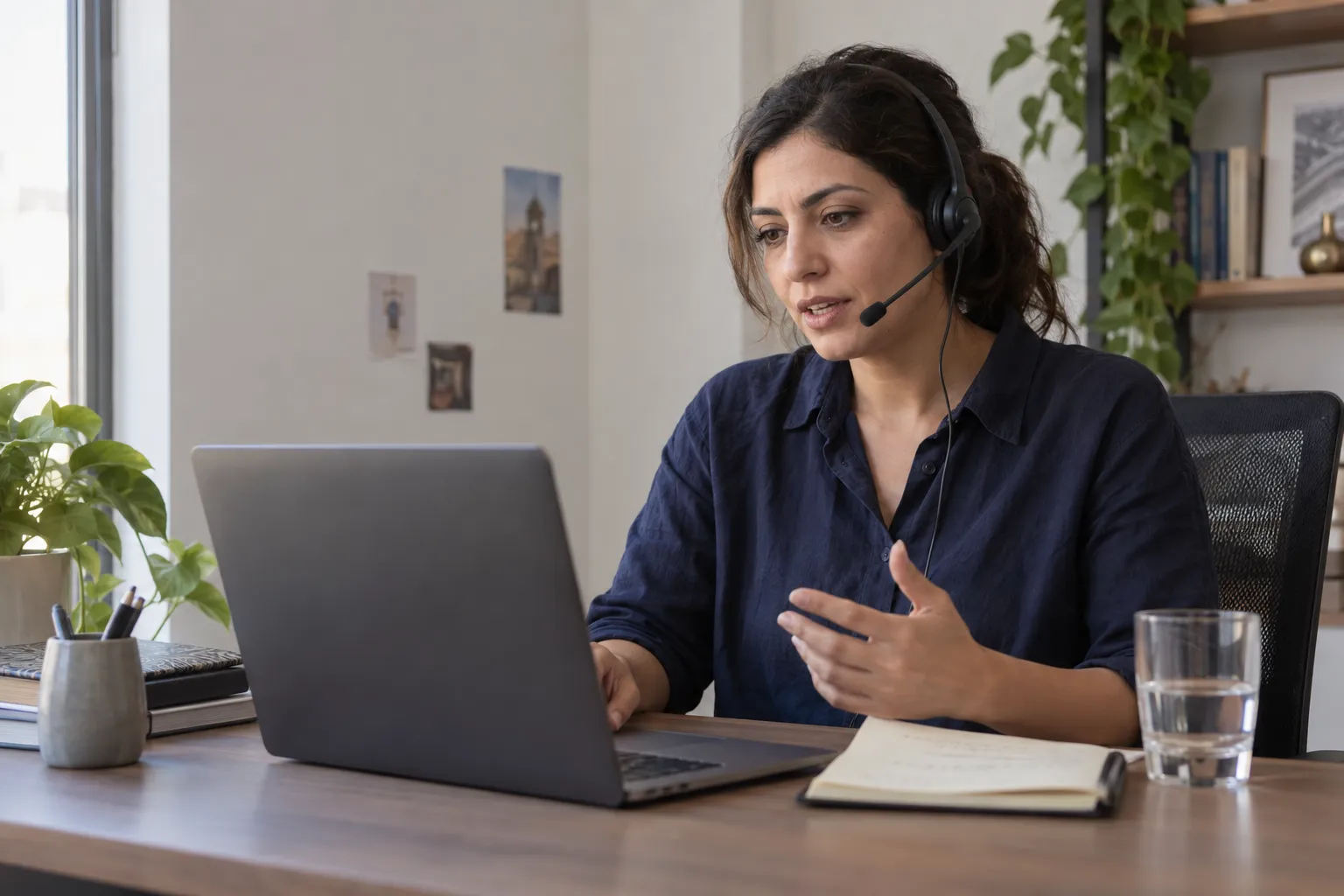 A person practising a call with a headset and a laptop.